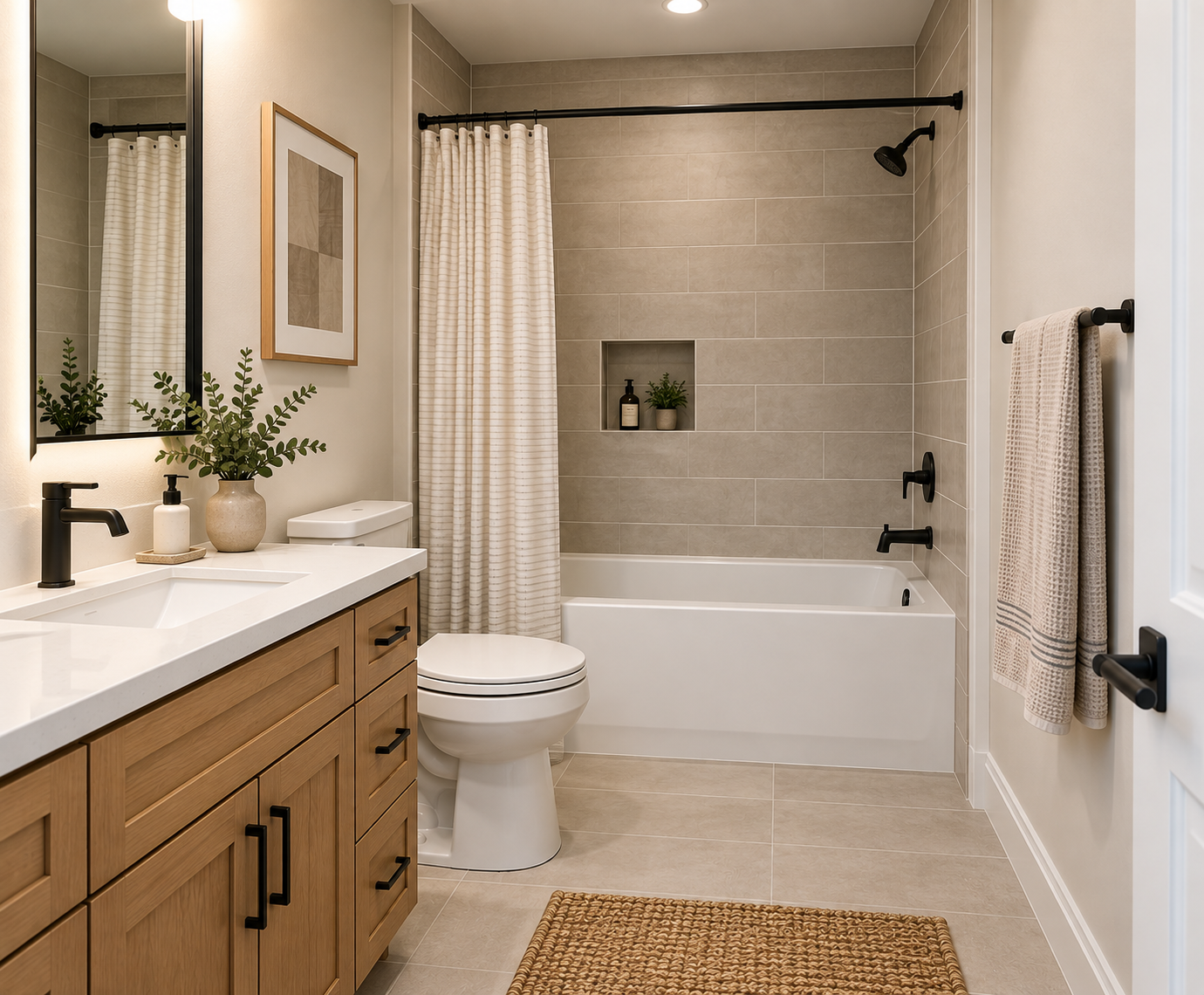 Standard full bathroom with an oak vanity, matte black faucet, bathtub and shower combo with beige tile, and a white toilet.