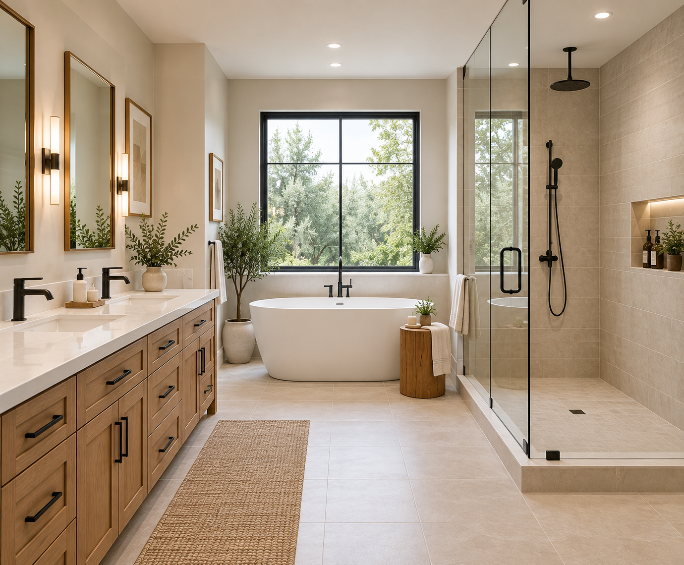 Spacious master bathroom with a light wood double vanity, freestanding white soaking tub by a window, and a glass-enclosed walk-in shower.