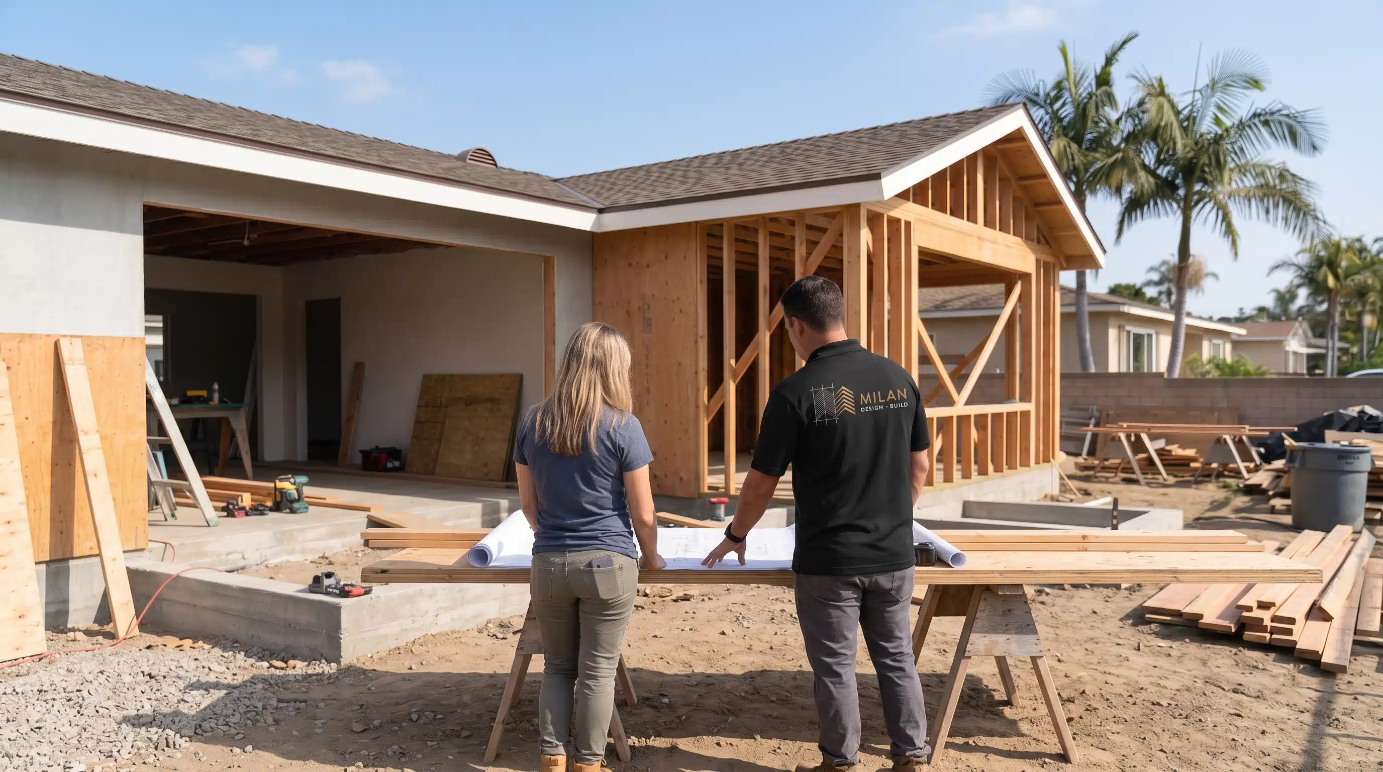 Milan Design + Build general contractor reviewing home addition plans with a client on site