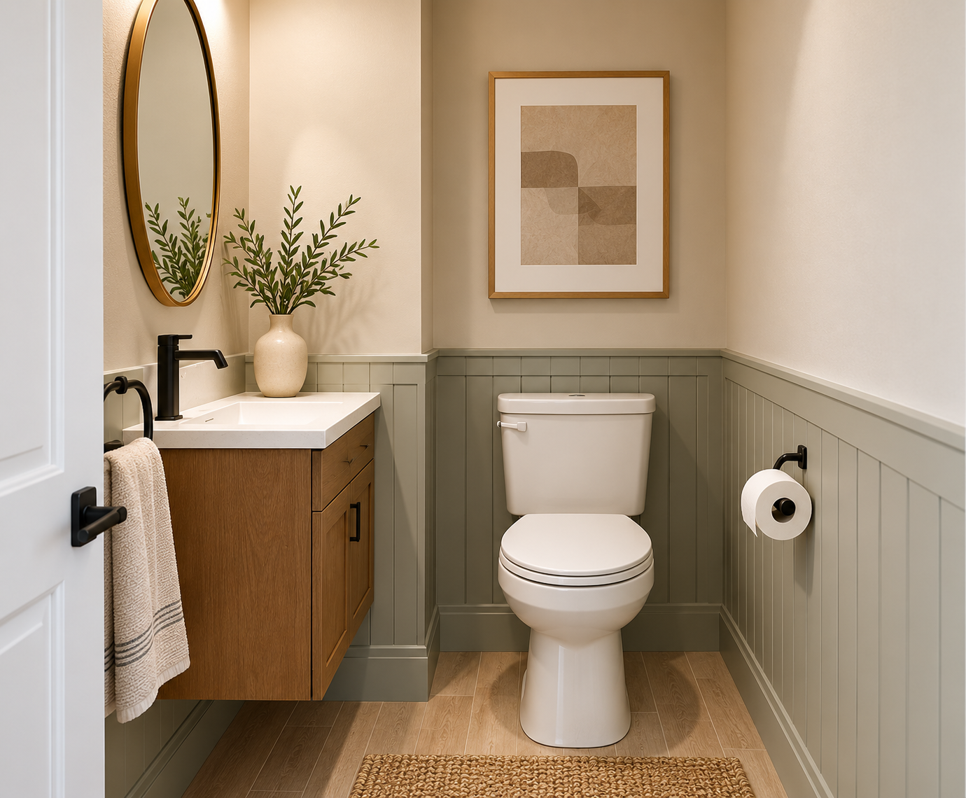 Small powder room with a wall-mounted wooden vanity, matte black faucet, round brass-framed mirror, white toilet, and sage green wainscoting.