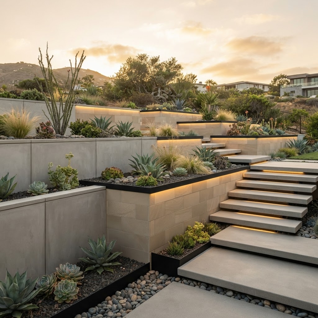 Modern hardscape retaining wall with warm stone masonry and stepped terracing in a San Diego backyard