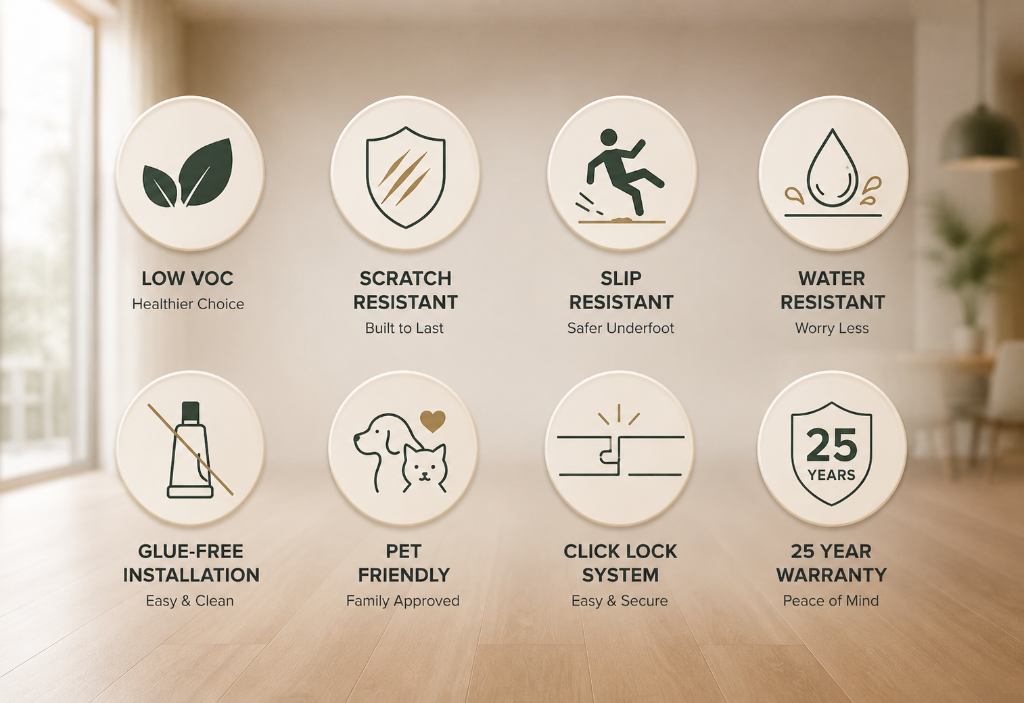 Product Features: Low VOC, Scratch Resistant, Slip Resistant, Water Resistant, Glue-Free Installation, Pet Friendly, Click Lock System, 25 Year Warranty