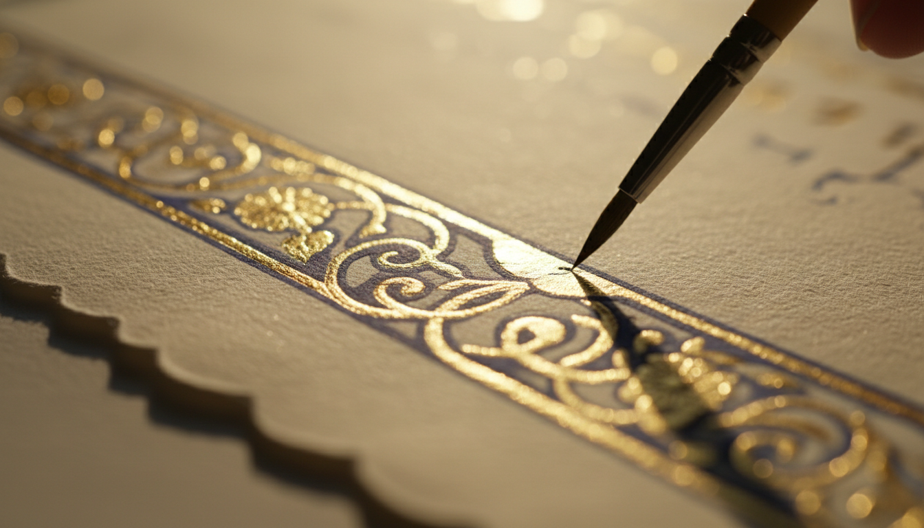 Gold leaf being applied to a ketubah border with a fine calligraphy brush