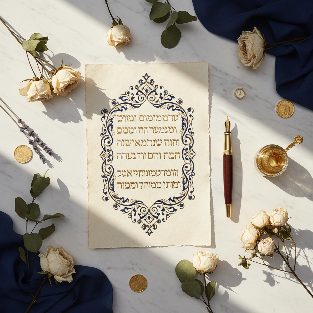 Artisan ketubah creation workspace with fountain pen and gold ink