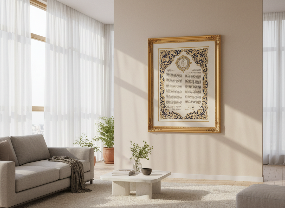 Beautifully framed ketubah displayed in an elegant modern apartment