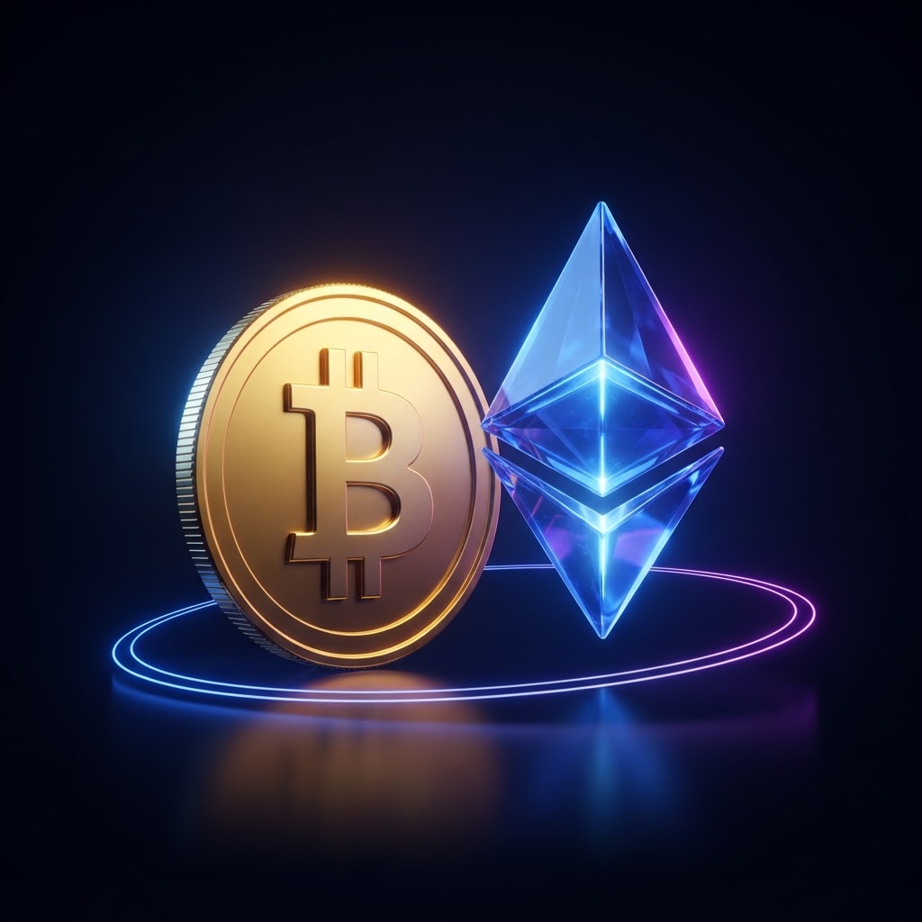 Bitcoin dorado y Ethereum de cristal azul en una composición tridimensional luminosa azul y granate