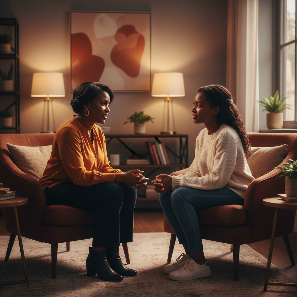 Counselor working with a young woman in a supportive session
