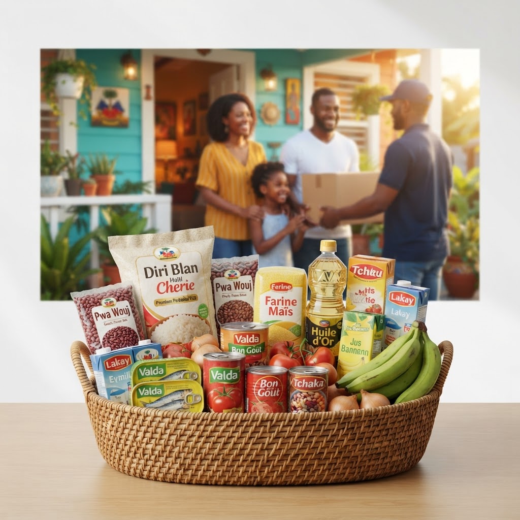 Panier de provisions haïtiennes livré à une famille