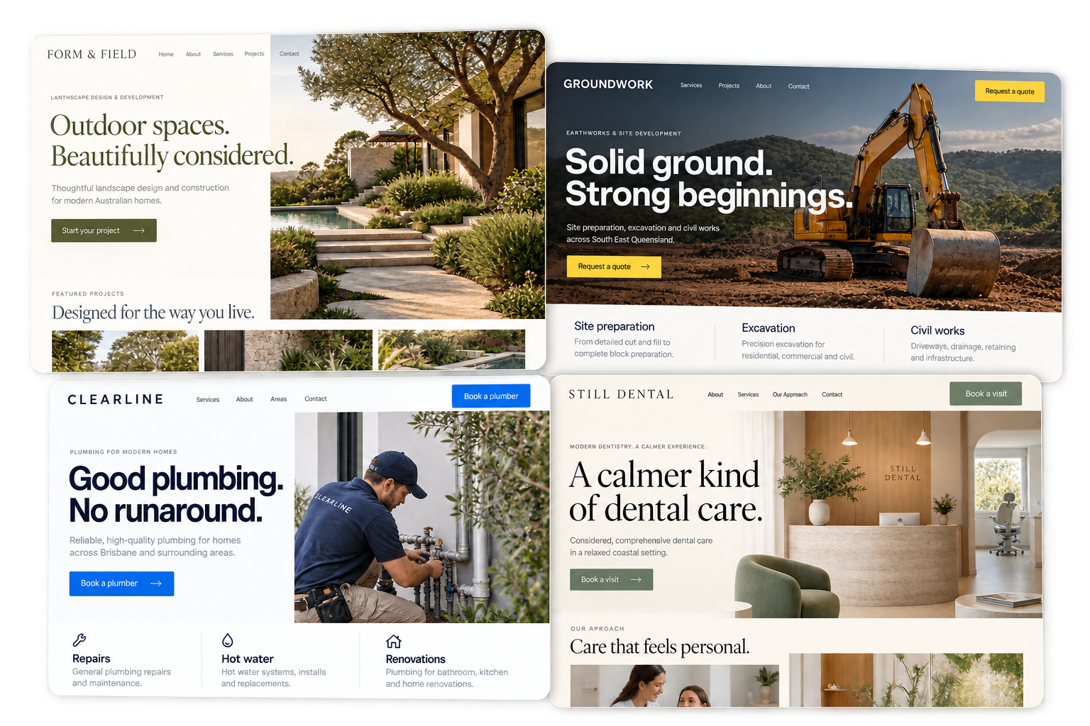 Stacked landscaping, earthworks, plumbing and dental website examples