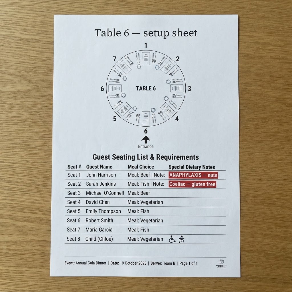 Per-table setup sheet