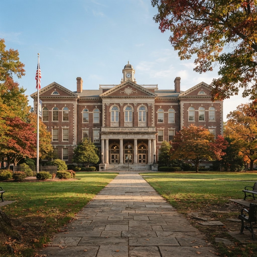 Traditional American public school building at golden hour