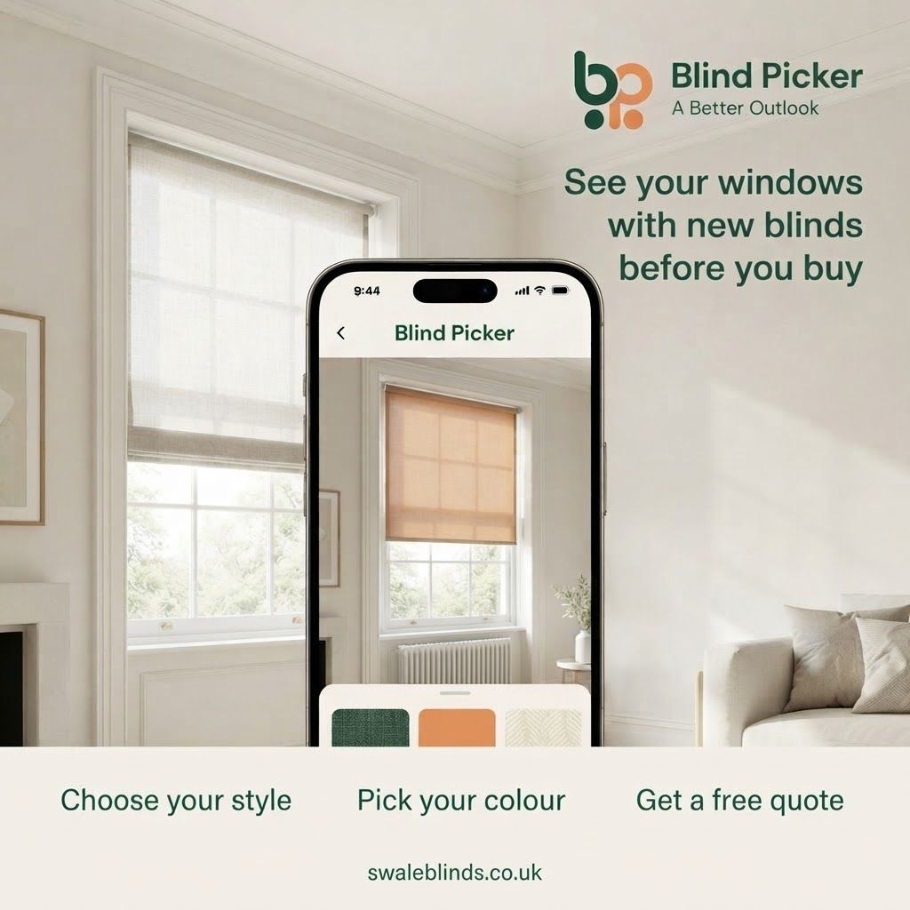 Blind Picker app showing blinds visualised on a window