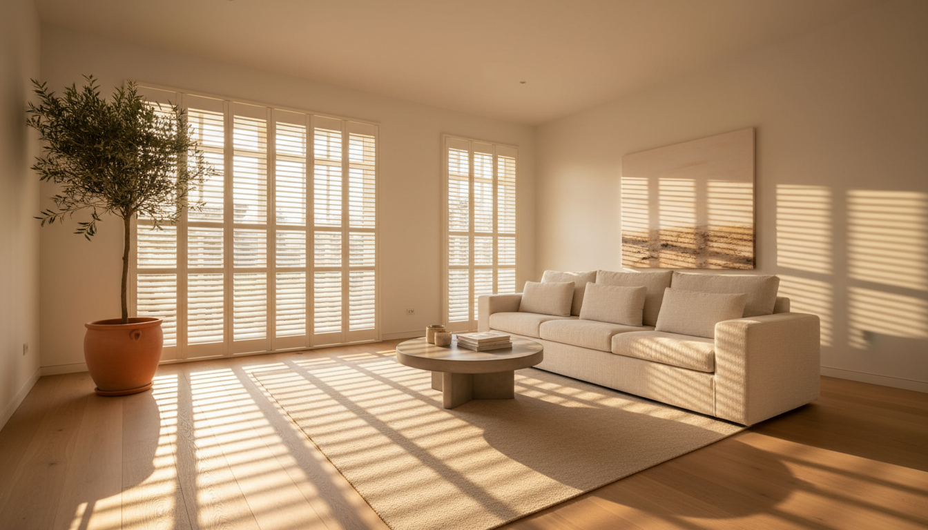Beautiful plantation shutters in a modern living room with golden hour sunlight