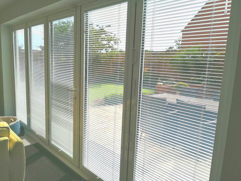 White Perfect Fit Blinds — Bi-Fold Doors