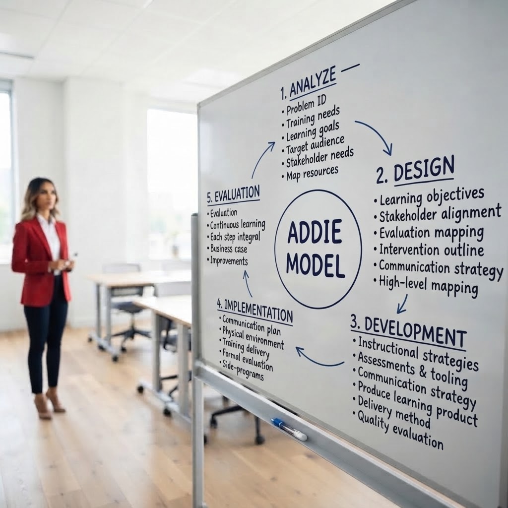 ADDIE instructional design chart on a whiteboard