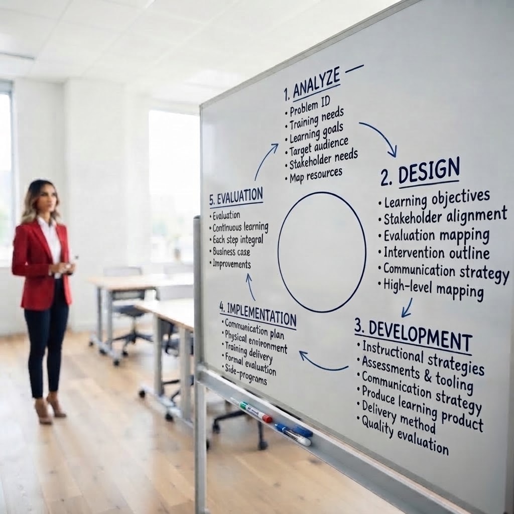 ADDIE instructional design chart on a whiteboard
