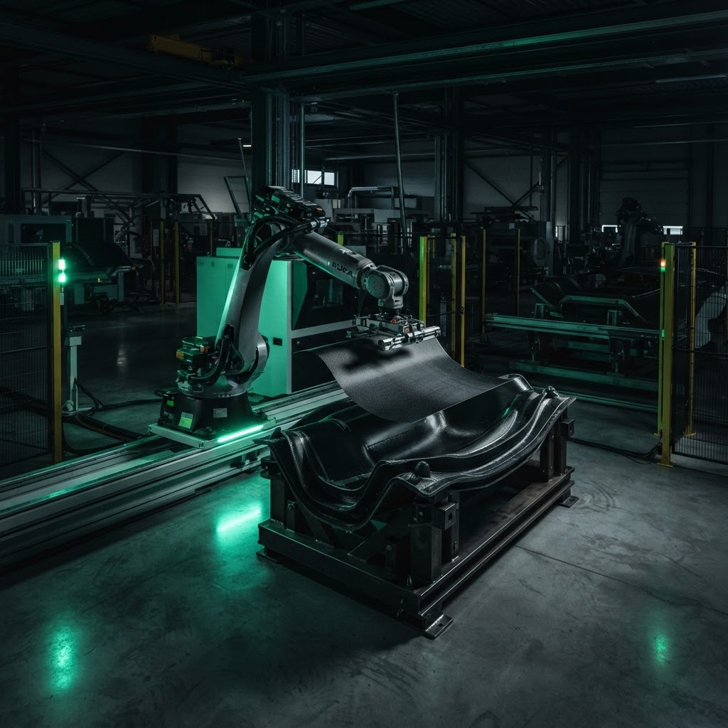 Robotic fiber placement arm laying composite plies onto a curved mold inside a manufacturing cell