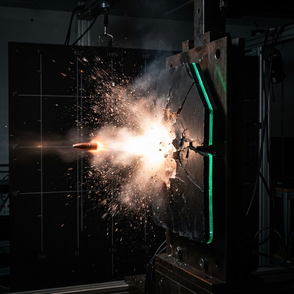 High-speed capture of a projectile impacting an armored composite panel with a visible debris cloud