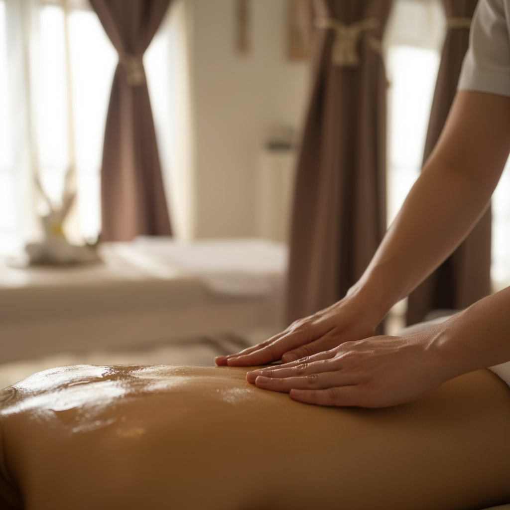 Massage therapist applying oil massage technique in a Luxembourg studio