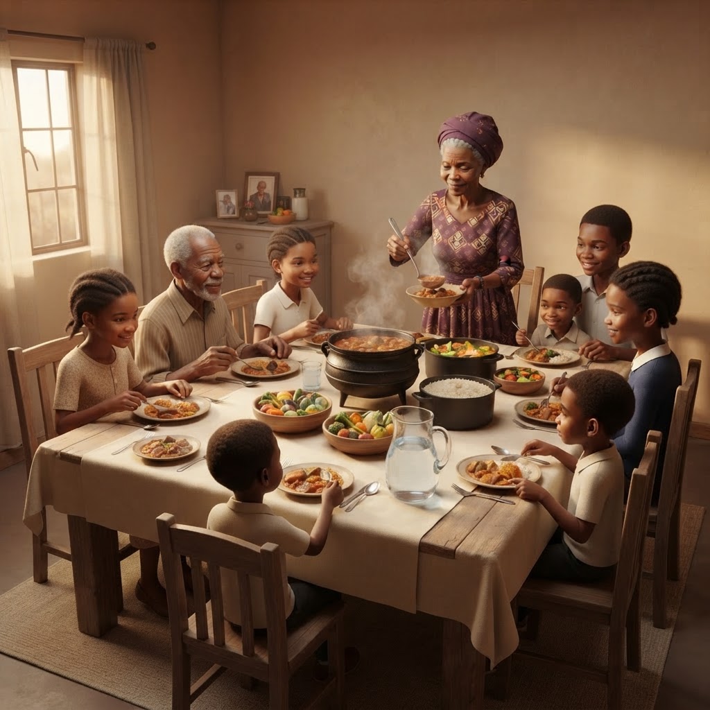 Sample illustration: Sunday lunch, and Gogo serving from the pot as always