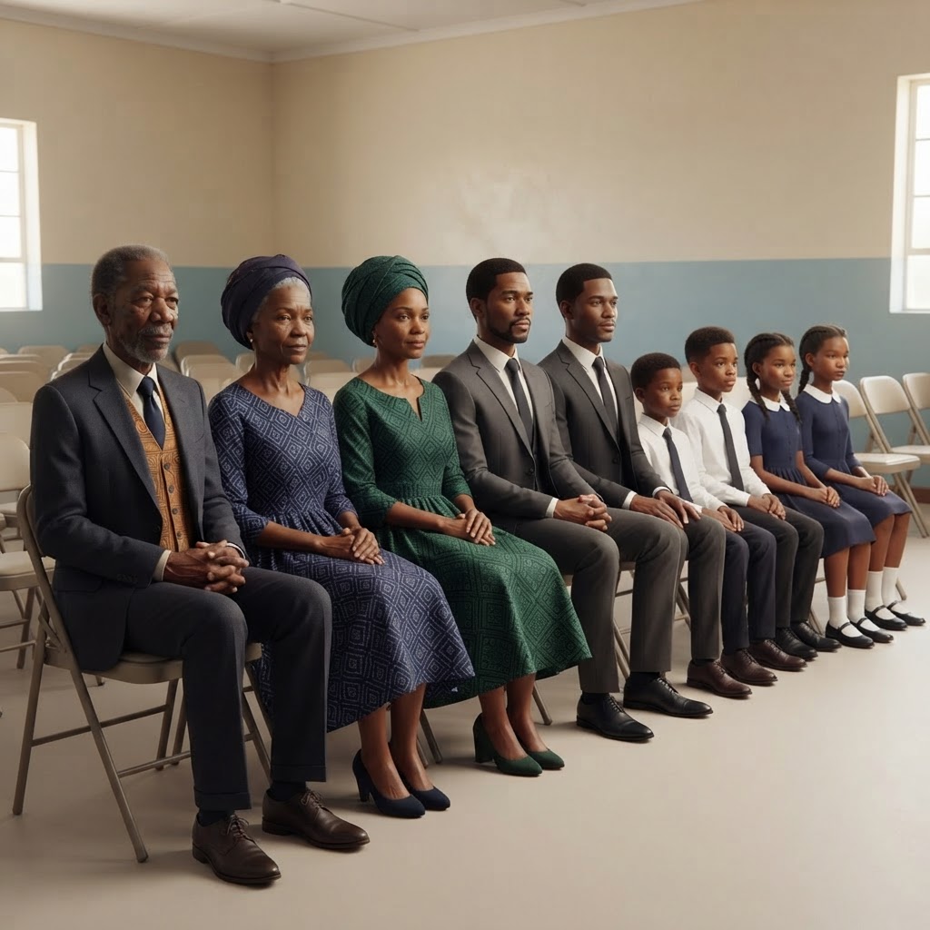 Sample illustration: The family seated together in the hall before the service