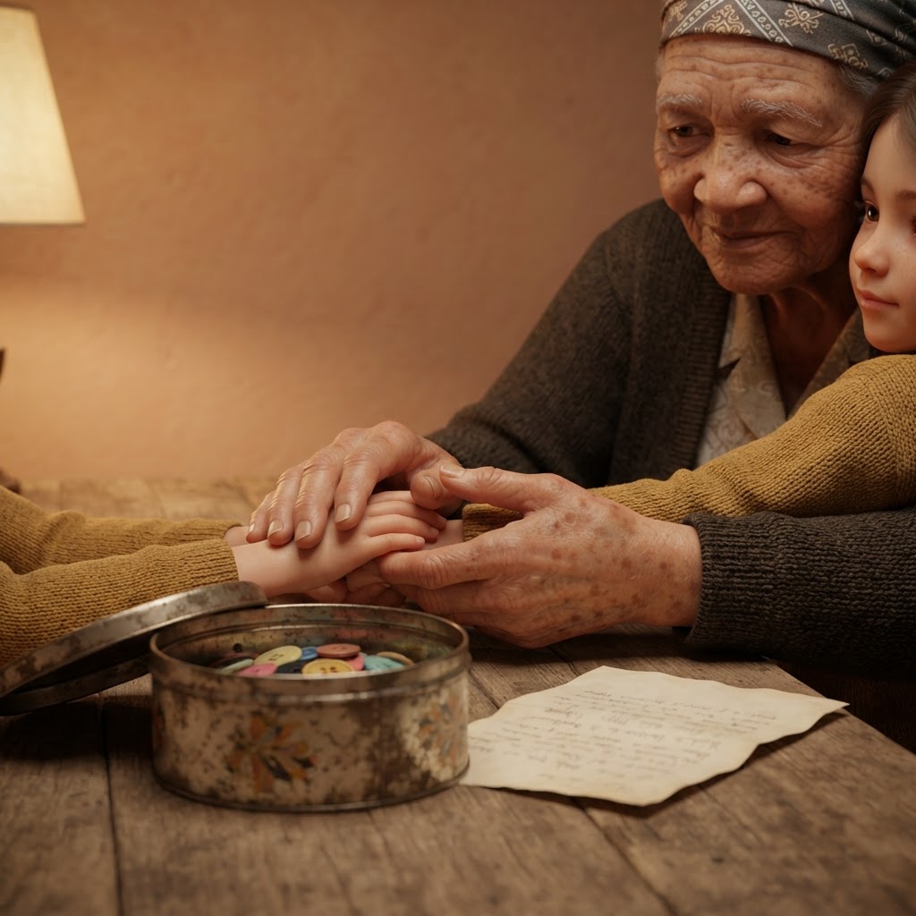 Sample illustration: Gogo's hands and mine, holding the tin of buttons