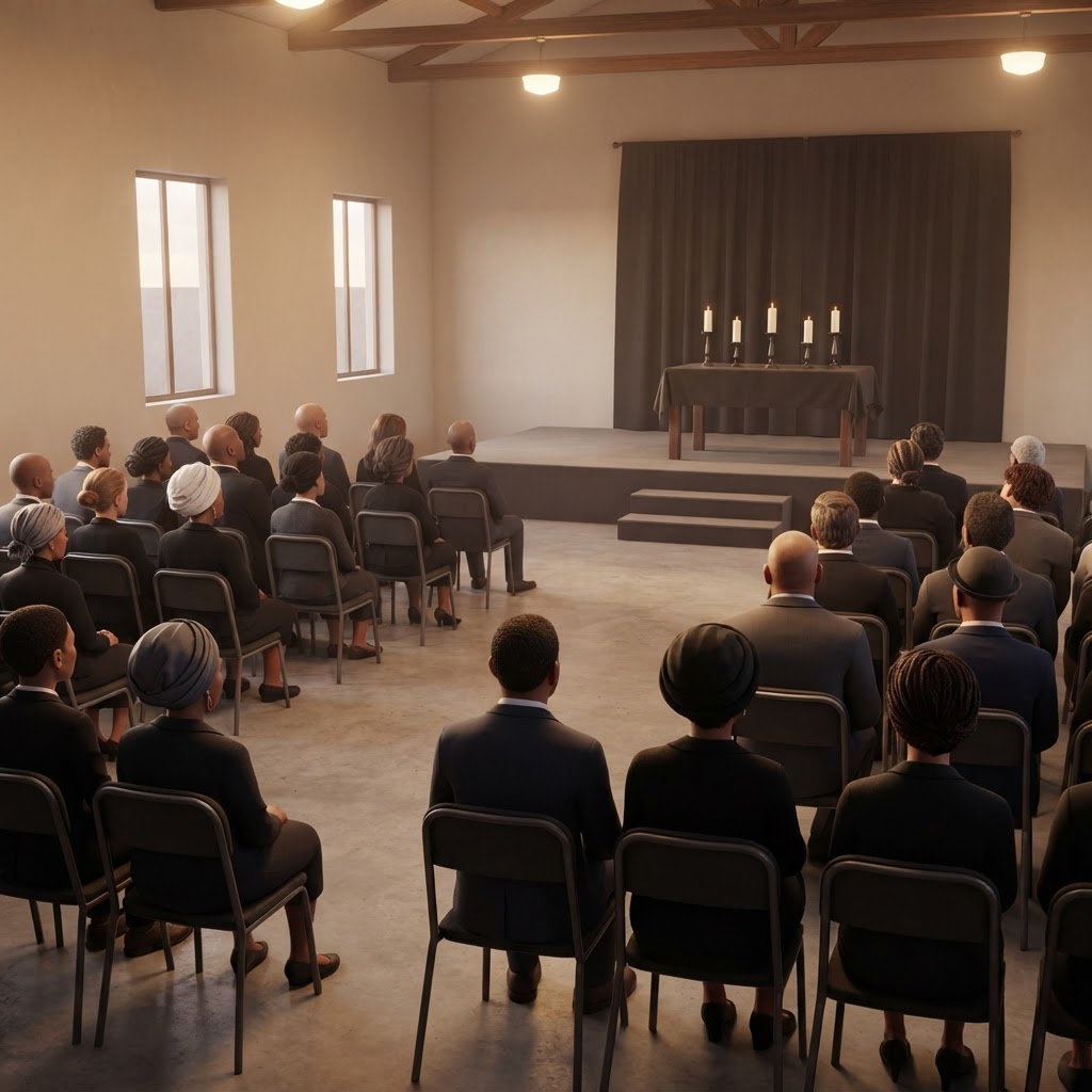 Sample illustration: guests seated at the community hall where the service is streamed