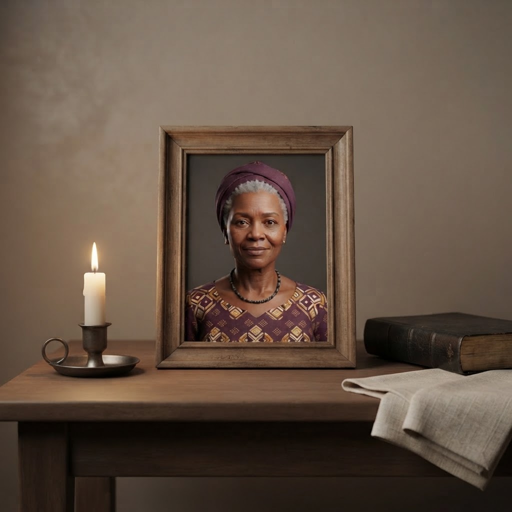 Sample illustration: Her photograph on the table, with a candle beside it