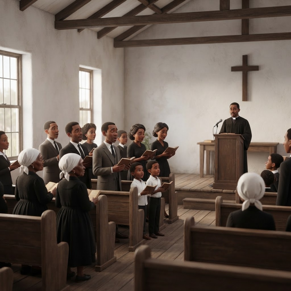 Sample illustration: Sunday service at Meadowlands Methodist, where she sang for sixty years