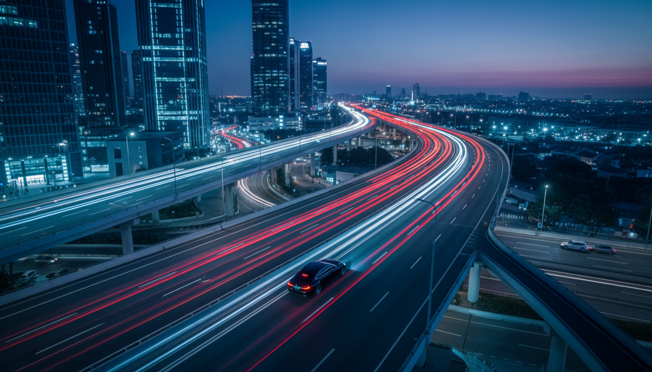 Highway at night with light trails