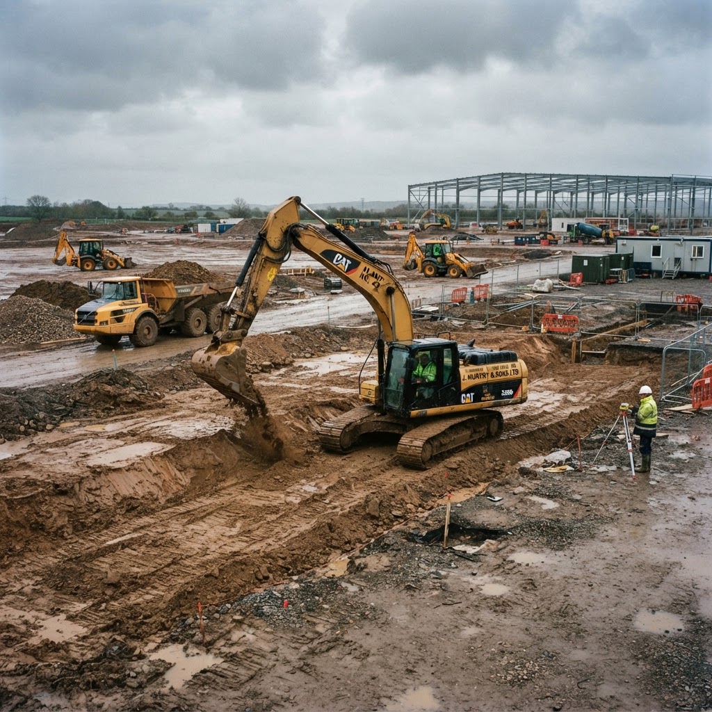 Excavator grading and preparing ground on site