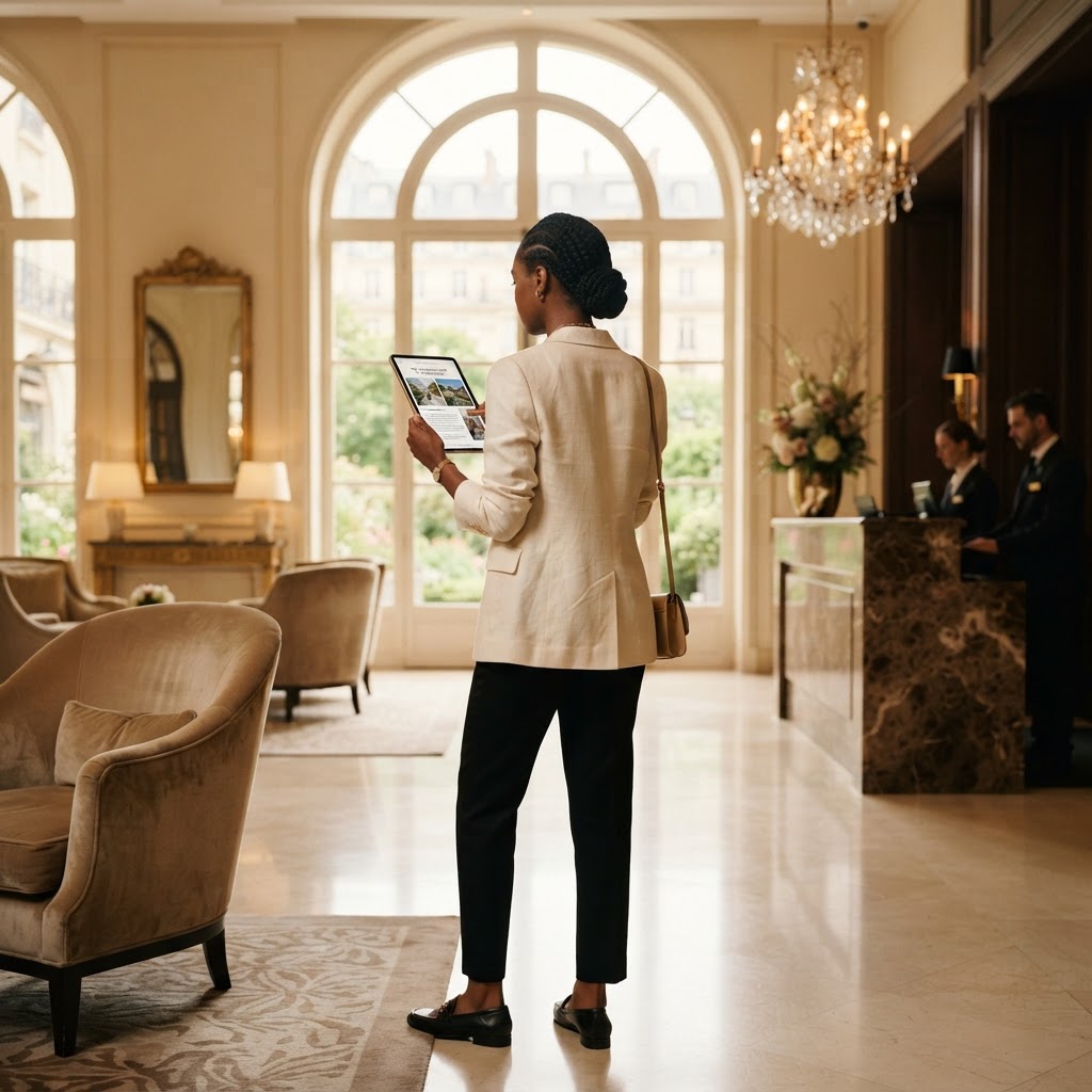 Affluent Black traveler browsing a curated travel directory in a luxury hotel lobby