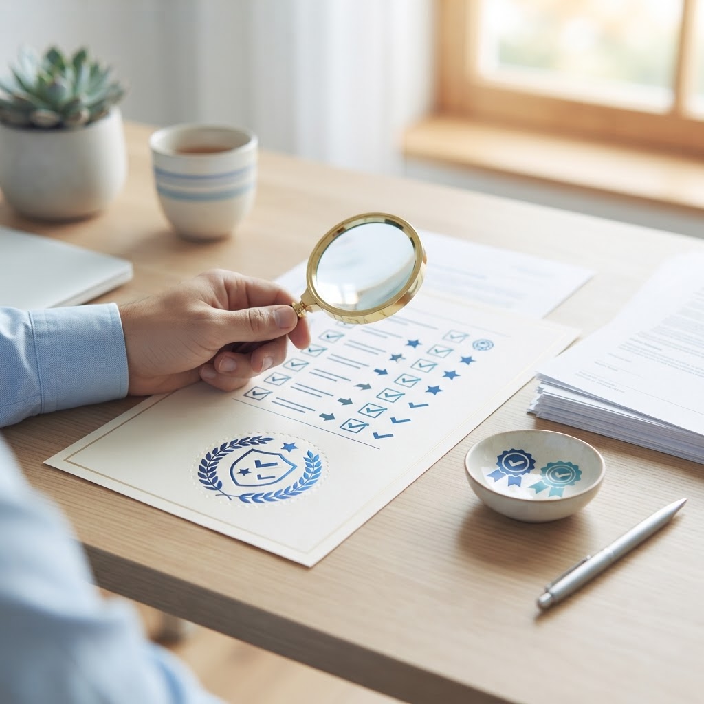 Accreditation checklist with magnifying glass on a light desk