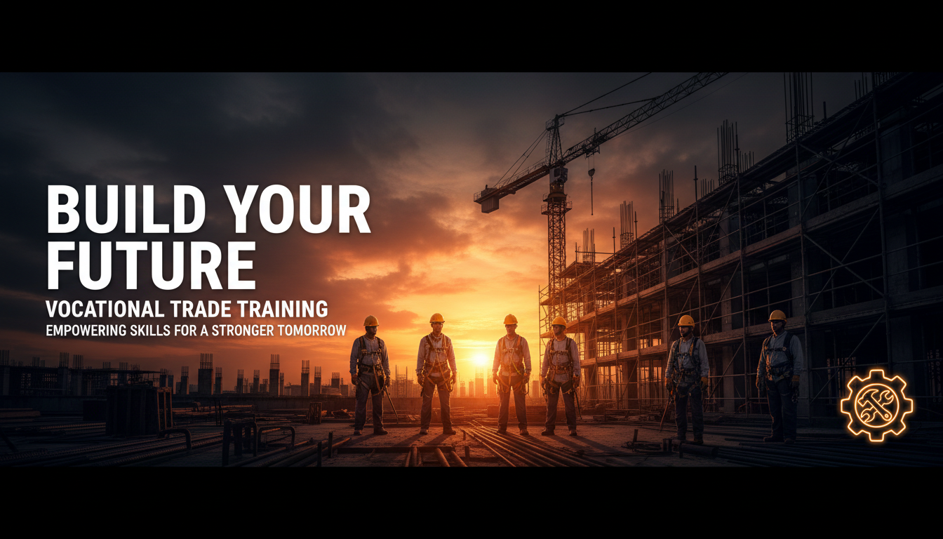 Construction workers on scaffolding at a vocational training site