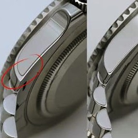 Annotated comparison of a stainless steel watch lug and end link showing where protection film edges lift and scratches appear