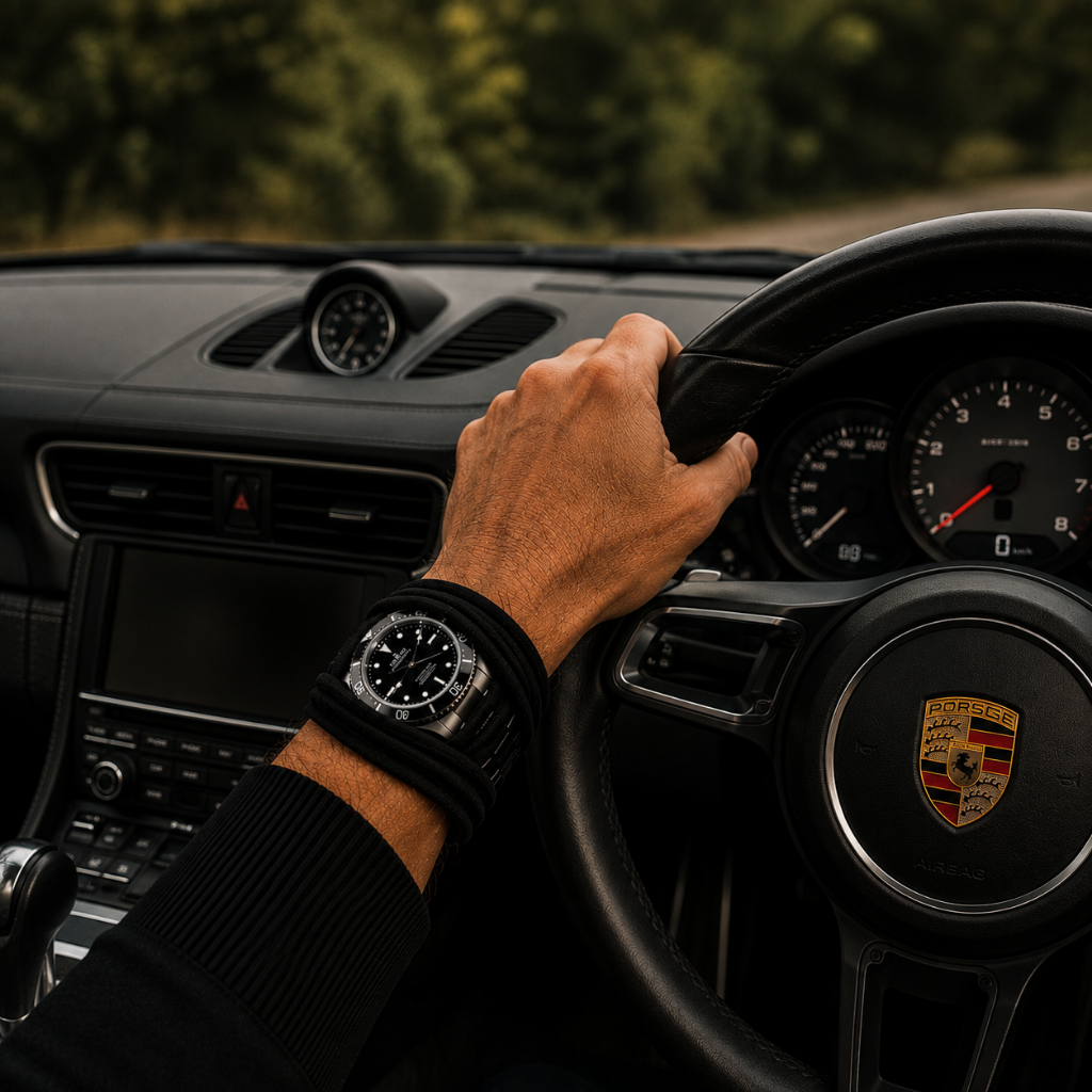 WATCH-MINDER™ merino wool watch protection worn on the wrist while driving