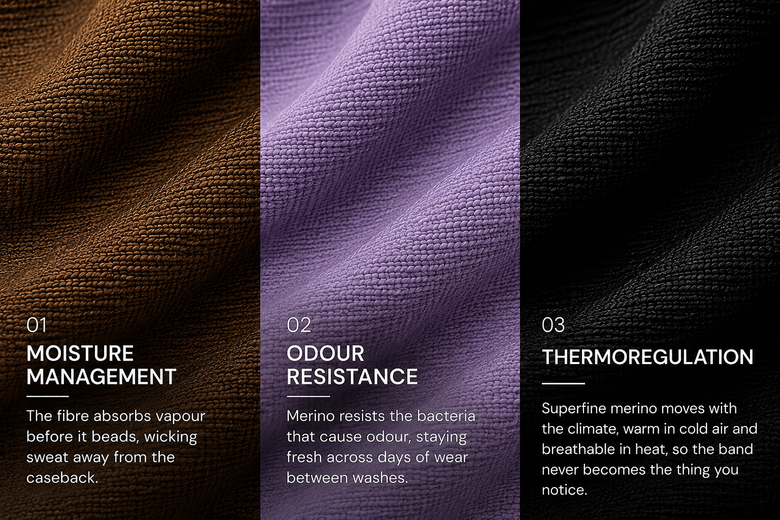 WATCH-MINDER™ merino wool fabric — Onyx, Saddle and Mist. Thermoregulation, moisture management, and odour resistance.
