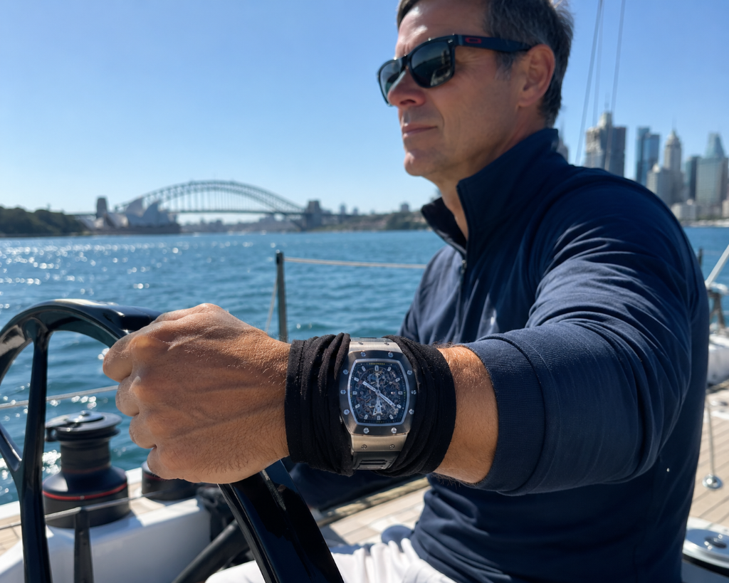 WATCH-MINDER™ merino wool watch protection worn during active living and cycling