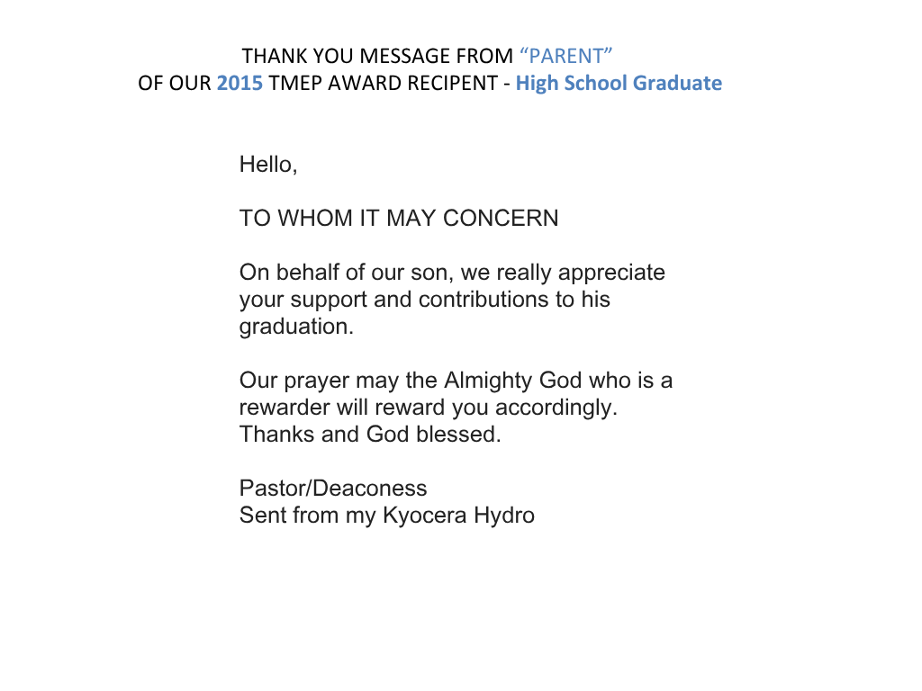 Thank You Message from Parent of 2015 TMEP Award Recipient