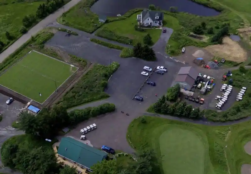 Aerial photo of the MHGL clubhouse, parking, lawn bowling and The Barn