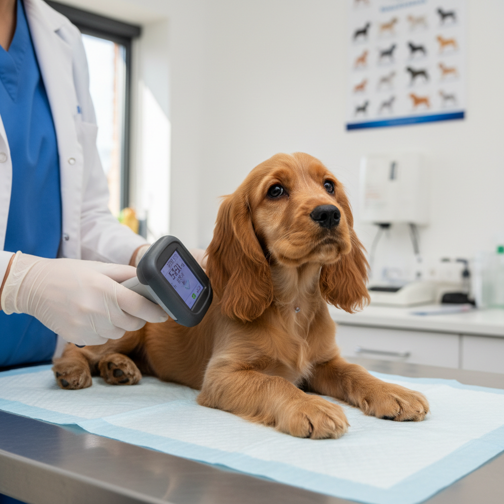 Vet scanning microchip in cocker spaniel puppy
