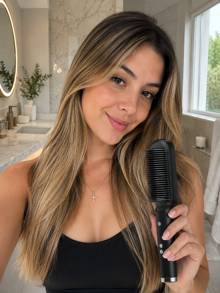 Mulher usando a Escova Alisadora 3 em 1 com cabelo liso e brilhante