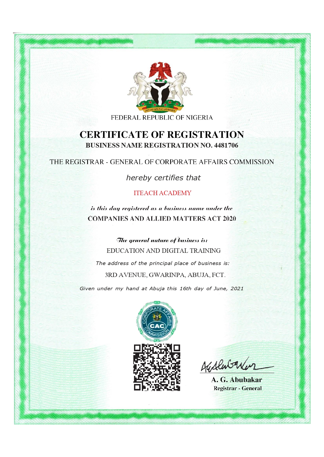 ITeach Academy Certificate of Registration issued by the Corporate Affairs Commission, Nigeria