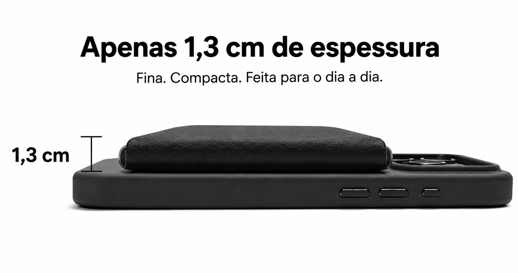 Carteira MagSafe MOFT vista de perfil — apenas 1,3 cm de espessura sobre o iPhone