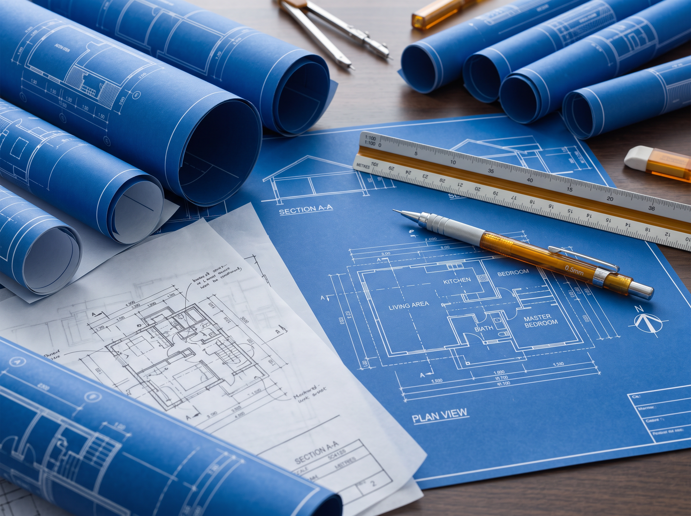 Blueprint with drafting tools