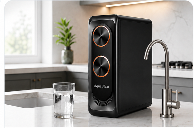Aqua Next con grifo y vaso de agua en cocina moderna