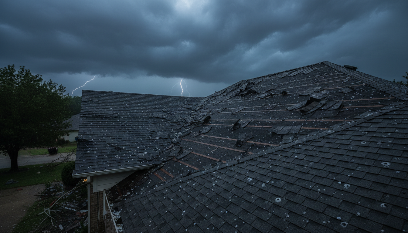 Storm-damaged residential roof requiring repair in Northeast Ohio