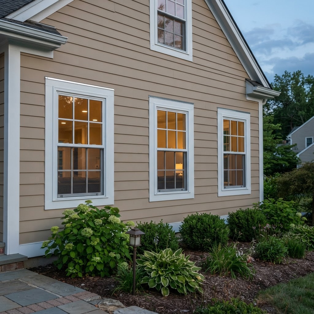 Newly installed white double-hung replacement windows on a Northeast Ohio home