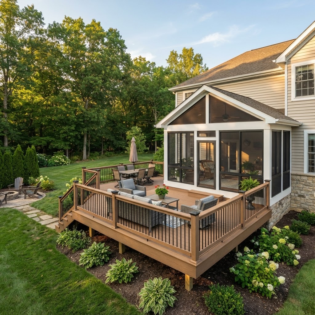 Newly built backyard deck with an adjoining three-season room in Northeast Ohio