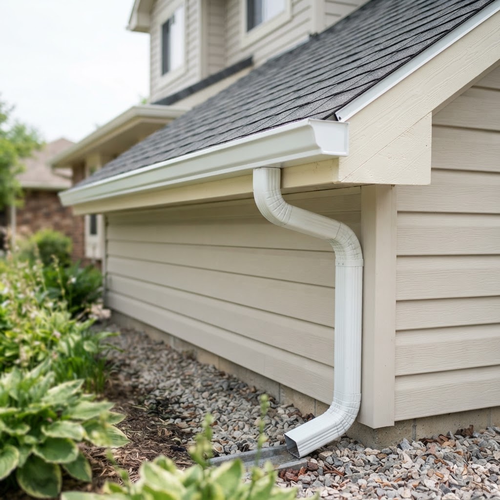 Seamless aluminum gutters and downspout freshly installed on a Northeast Ohio home